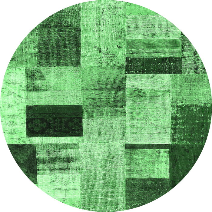 Round Machine Washable Patchwork Emerald Green Transitional Area Rugs, wshcon1428emgrn