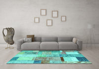 Machine Washable Patchwork Turquoise Transitional Rug, wshcon1429turq