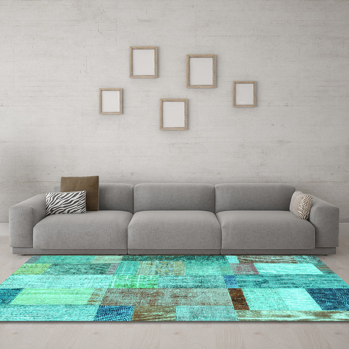 Machine Washable Patchwork Turquoise Transitional Area Rugs in a Living Room,, wshcon1429turq