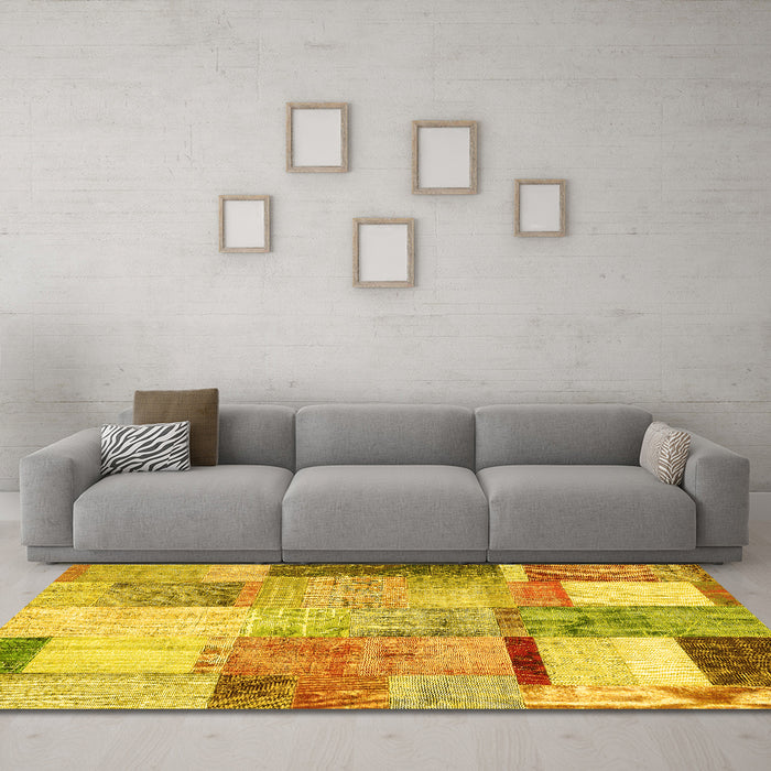 Machine Washable Patchwork Yellow Transitional Rug in a Living Room, wshcon1429yw