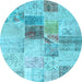 Round Machine Washable Patchwork Light Blue Transitional Rug, wshcon1430lblu