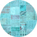 Round Machine Washable Patchwork Light Blue Transitional Rug, wshcon1431lblu