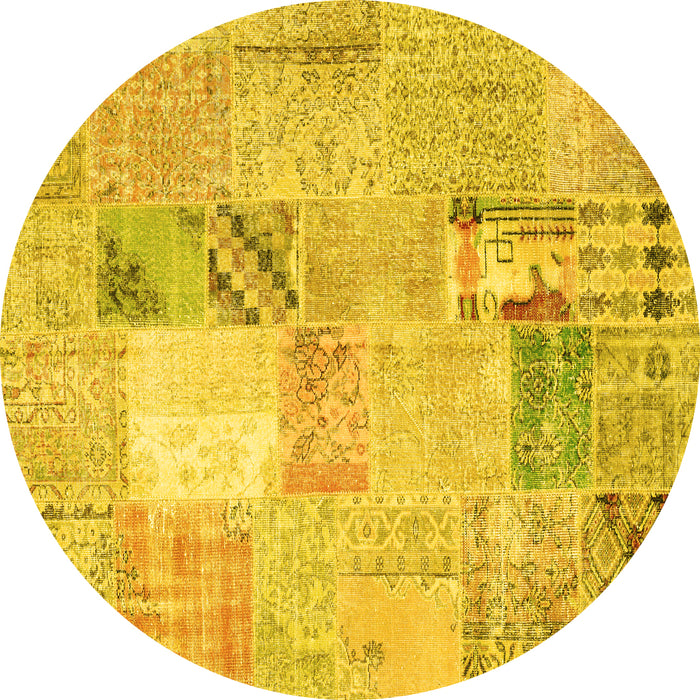 Round Machine Washable Patchwork Yellow Transitional Rug, wshcon1431yw
