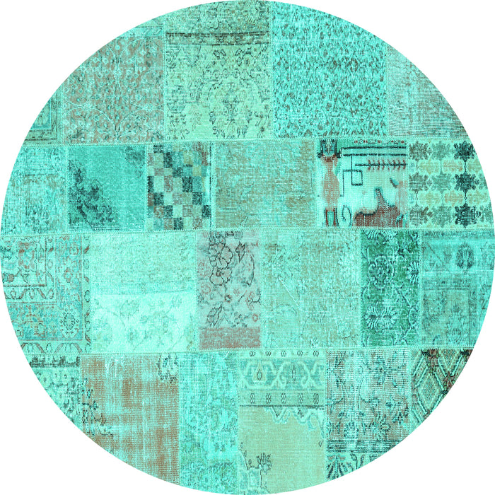 Round Machine Washable Patchwork Turquoise Transitional Area Rugs, wshcon1431turq