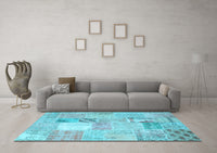 Machine Washable Patchwork Light Blue Transitional Rug, wshcon1431lblu