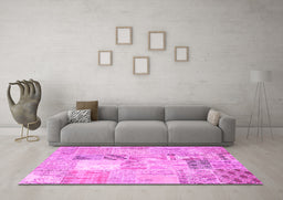 Machine Washable Patchwork Pink Transitional Rug in a Living Room, wshcon1431pnk