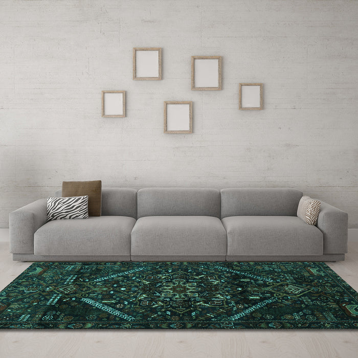 Machine Washable Abstract Turquoise Contemporary Area Rugs in a Living Room,, wshcon1436turq