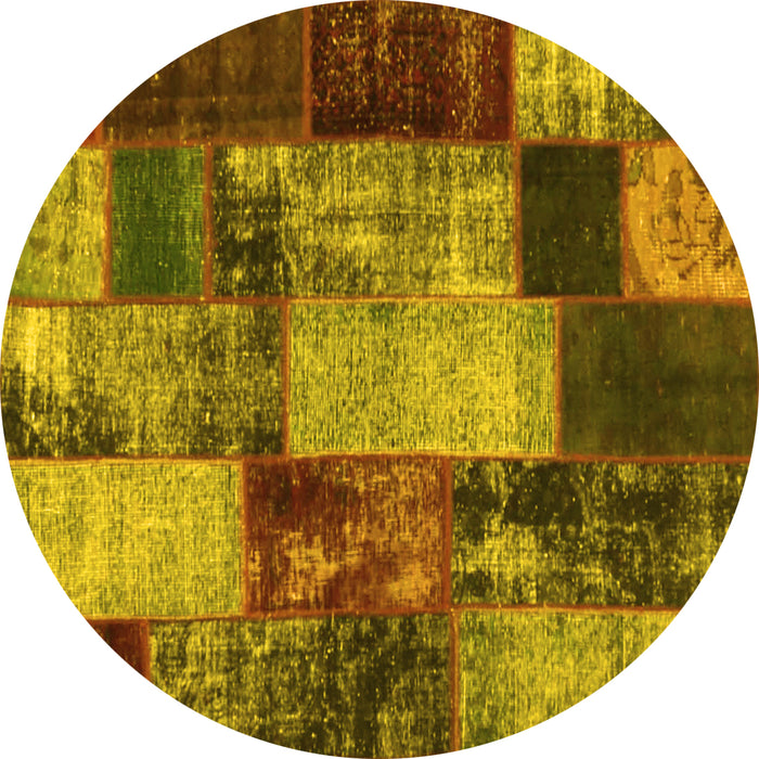 Round Machine Washable Patchwork Yellow Transitional Rug, wshcon1437yw