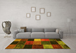 Machine Washable Patchwork Yellow Transitional Rug in a Living Room, wshcon1438yw