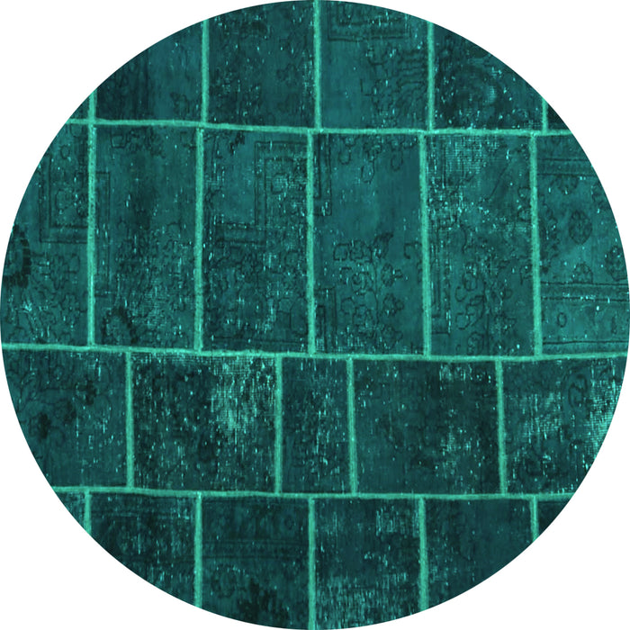 Round Machine Washable Patchwork Turquoise Transitional Area Rugs, wshcon1439turq