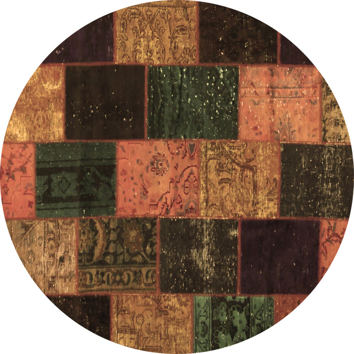 Round Machine Washable Patchwork Brown Transitional Rug, wshcon1440brn