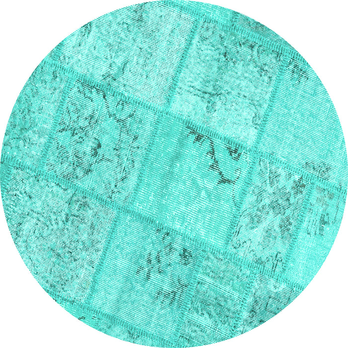 Round Machine Washable Patchwork Turquoise Transitional Area Rugs, wshcon1442turq