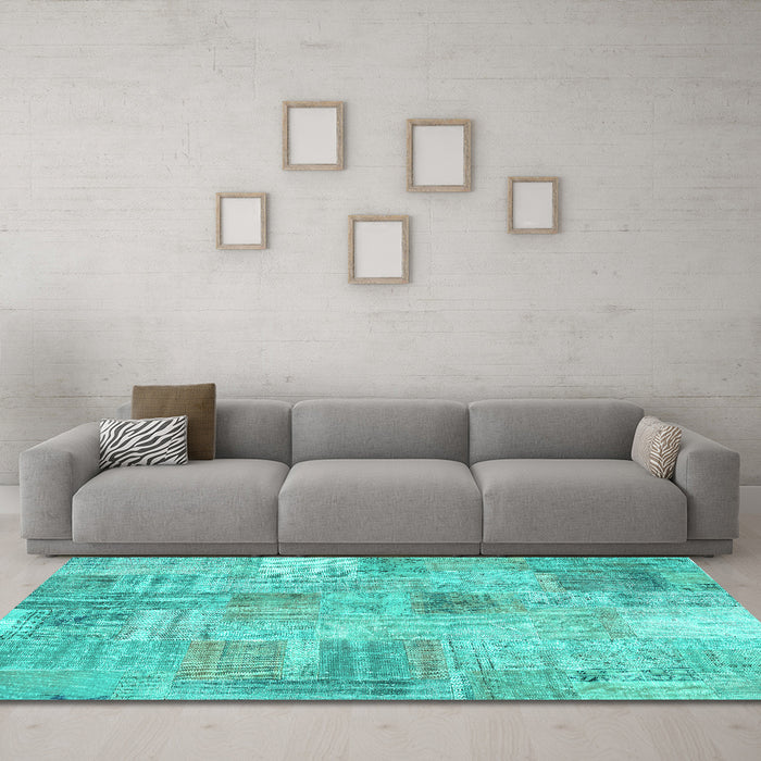 Machine Washable Patchwork Turquoise Transitional Area Rugs in a Living Room,, wshcon1443turq