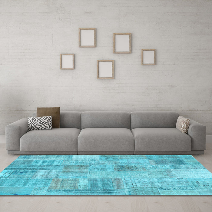 Machine Washable Patchwork Light Blue Transitional Rug in a Living Room, wshcon1443lblu