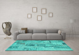 Machine Washable Patchwork Turquoise Transitional Area Rugs in a Living Room,, wshcon1444turq