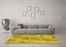 Machine Washable Patchwork Yellow Transitional Rug in a Living Room, wshcon1444yw