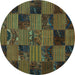 Round Machine Washable Patchwork Turquoise Transitional Area Rugs, wshcon1446turq