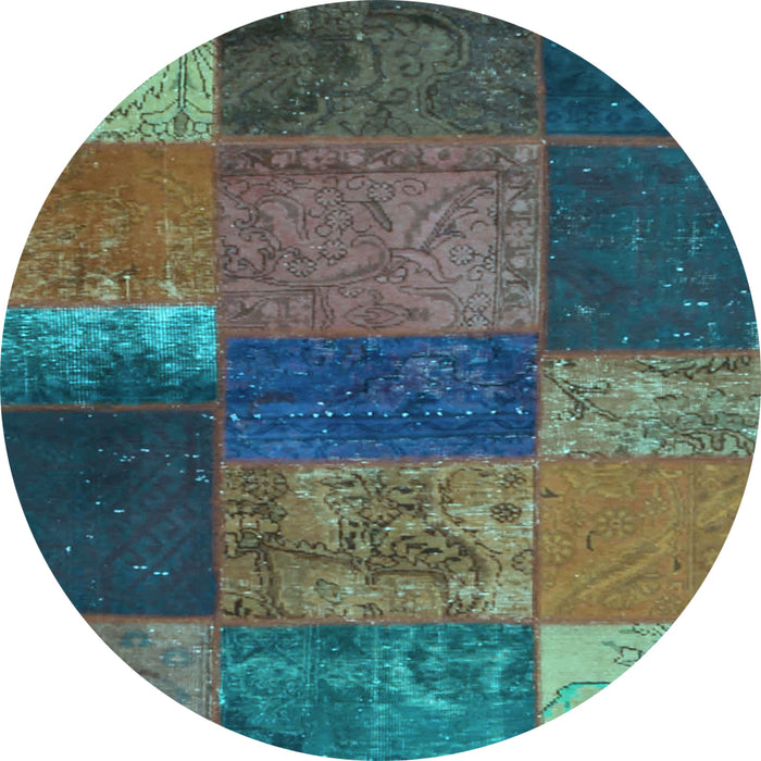 Round Machine Washable Patchwork Light Blue Transitional Rug, wshcon1448lblu