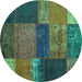 Round Machine Washable Patchwork Turquoise Transitional Area Rugs, wshcon1448turq