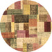 Round Machine Washable Patchwork Brown Transitional Rug, wshcon1450brn