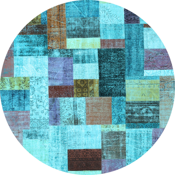 Round Machine Washable Patchwork Light Blue Transitional Rug, wshcon1450lblu