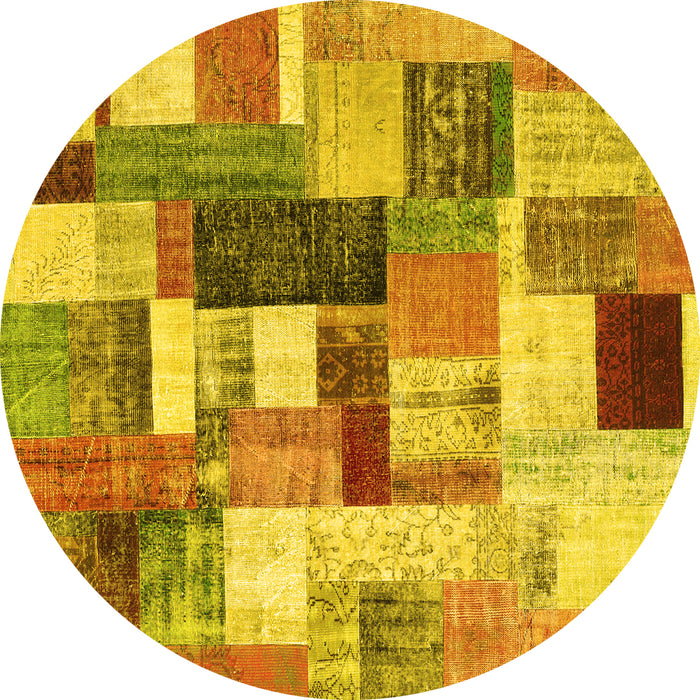 Round Machine Washable Patchwork Yellow Transitional Rug, wshcon1450yw
