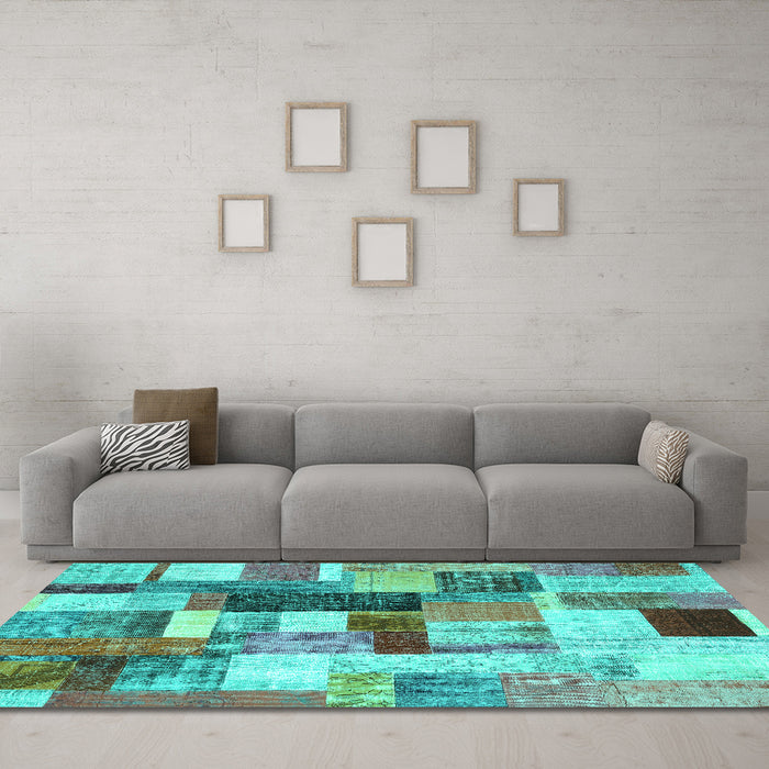 Machine Washable Patchwork Turquoise Transitional Area Rugs in a Living Room,, wshcon1450turq