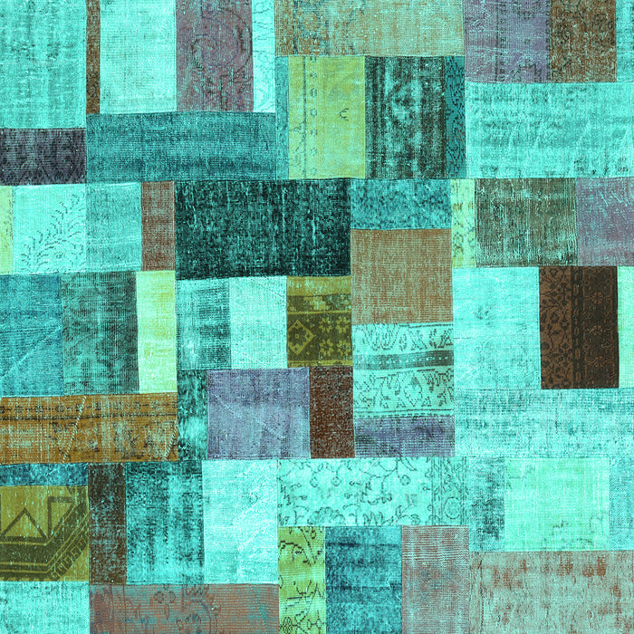 Square Machine Washable Patchwork Turquoise Transitional Area Rugs, wshcon1450turq