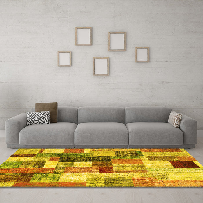 Machine Washable Patchwork Yellow Transitional Rug in a Living Room, wshcon1450yw