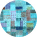 Round Machine Washable Patchwork Light Blue Transitional Rug, wshcon1451lblu