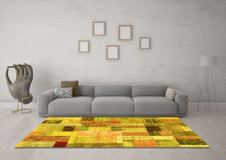 Machine Washable Patchwork Yellow Transitional Rug in a Living Room, wshcon1451yw