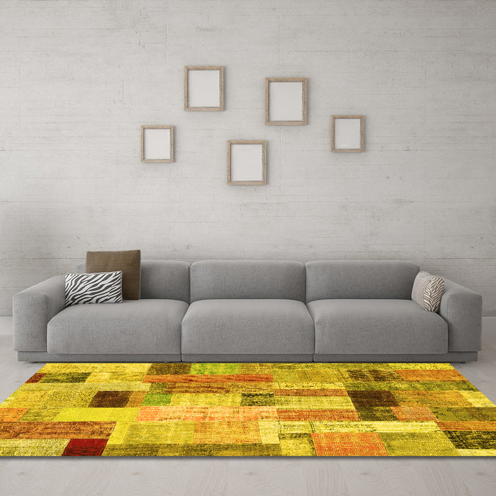 Machine Washable Patchwork Yellow Transitional Rug in a Living Room, wshcon1451yw