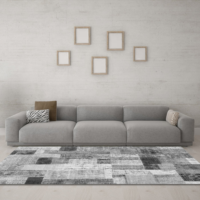 Machine Washable Patchwork Gray Transitional Rug in a Living Room,, wshcon1451gry
