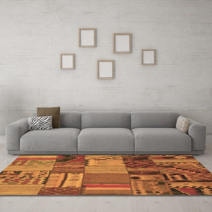 Machine Washable Patchwork Brown Transitional Rug in a Living Room,, wshcon1453brn