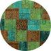 Round Machine Washable Patchwork Turquoise Transitional Area Rugs, wshcon1454turq