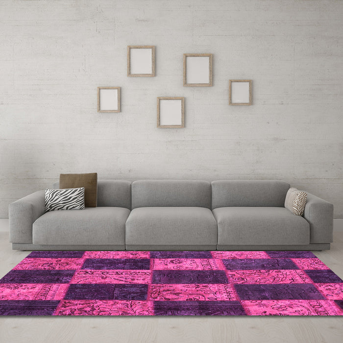Machine Washable Patchwork Pink Transitional Rug in a Living Room, wshcon1455pnk