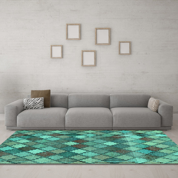 Machine Washable Abstract Turquoise Contemporary Area Rugs in a Living Room,, wshcon1459turq