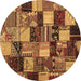 Round Machine Washable Patchwork Brown Transitional Rug, wshcon1462brn