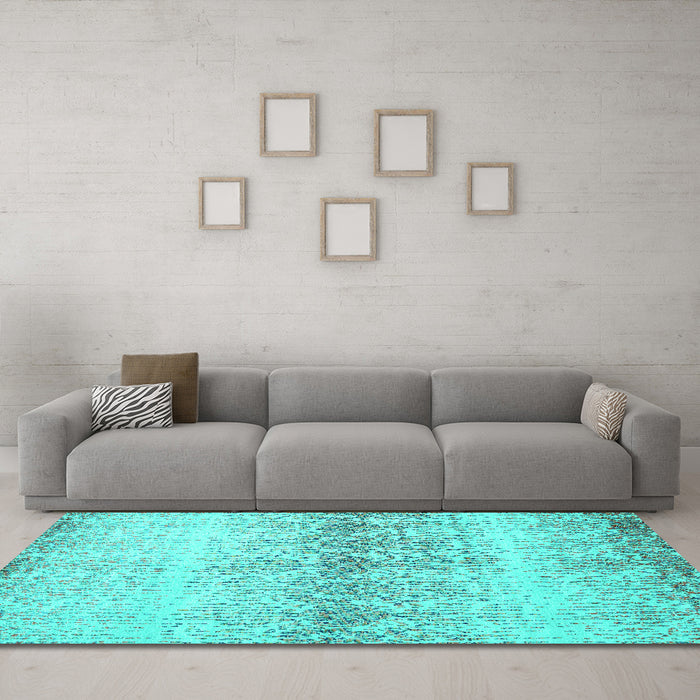 Machine Washable Abstract Turquoise Contemporary Area Rugs in a Living Room,, wshcon1469turq