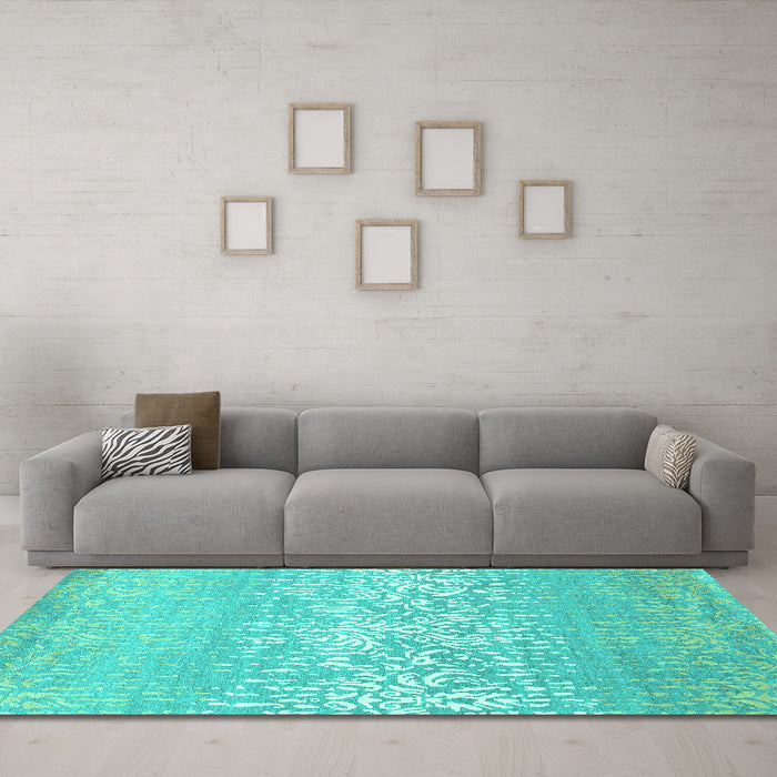 Machine Washable Abstract Turquoise Contemporary Area Rugs in a Living Room,, wshcon1477turq