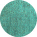 Round Machine Washable Abstract Turquoise Contemporary Area Rugs, wshcon1483turq
