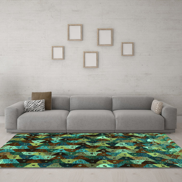 Machine Washable Abstract Turquoise Contemporary Area Rugs in a Living Room,, wshcon1488turq