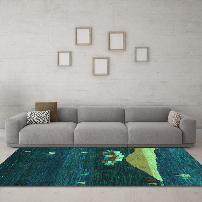 Machine Washable Abstract Turquoise Contemporary Area Rugs in a Living Room,, wshcon1489turq