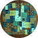 Round Machine Washable Abstract Turquoise Contemporary Area Rugs, wshcon1490turq