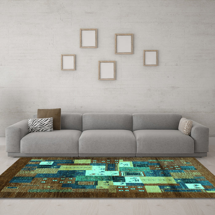 Machine Washable Abstract Turquoise Contemporary Area Rugs in a Living Room,, wshcon1490turq