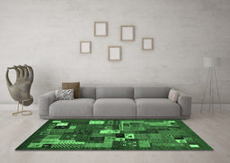 Machine Washable Abstract Emerald Green Contemporary Area Rugs in a Living Room,, wshcon1491emgrn
