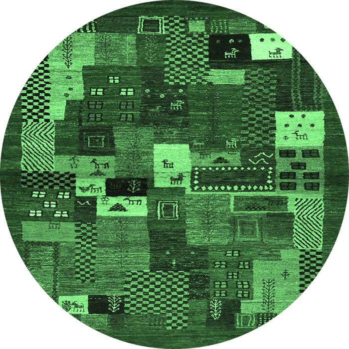 Round Machine Washable Abstract Emerald Green Contemporary Area Rugs, wshcon1491emgrn