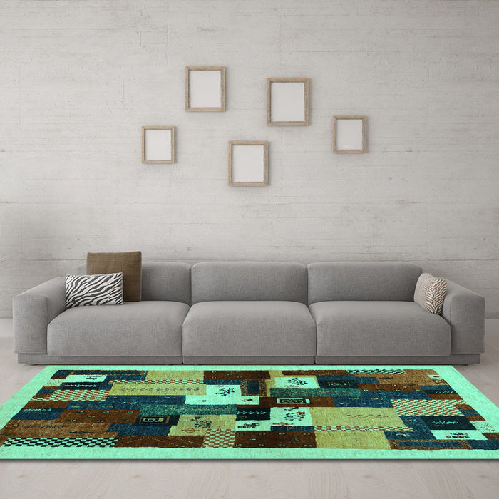 Machine Washable Abstract Turquoise Contemporary Area Rugs in a Living Room,, wshcon1492turq