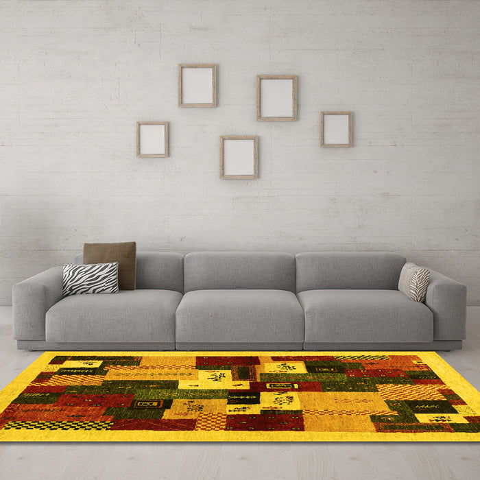 Machine Washable Abstract Yellow Contemporary Rug in a Living Room, wshcon1492yw
