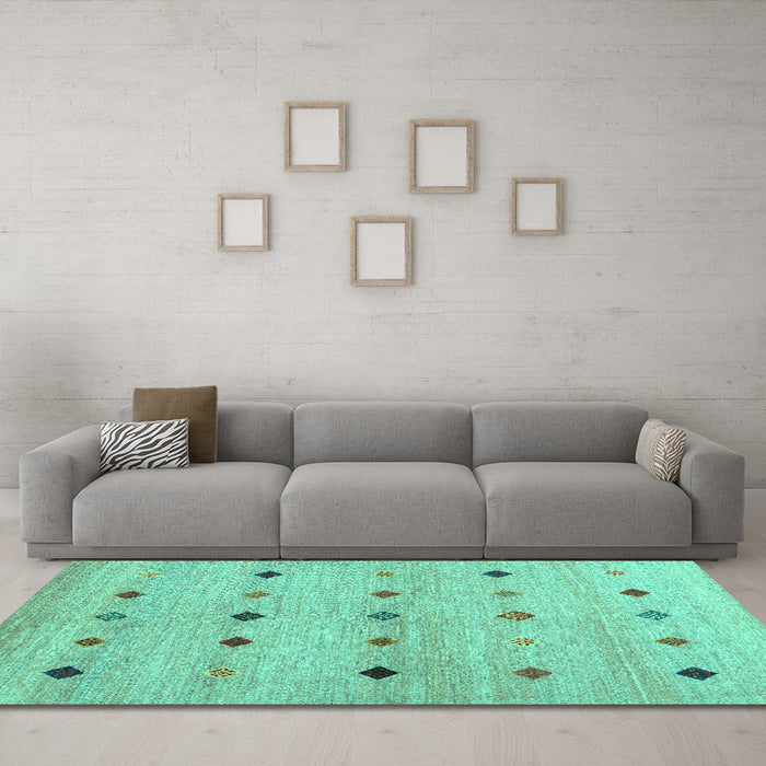 Machine Washable Abstract Turquoise Contemporary Area Rugs in a Living Room,, wshcon1493turq